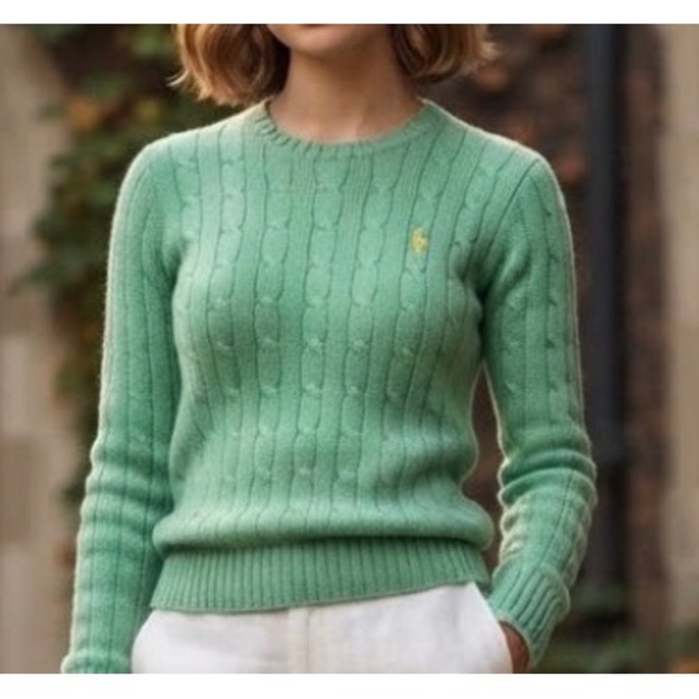 Vtg. Ralph Lauren Sport Green Cable Knit Lambswool Sweater Yellow Pony Large